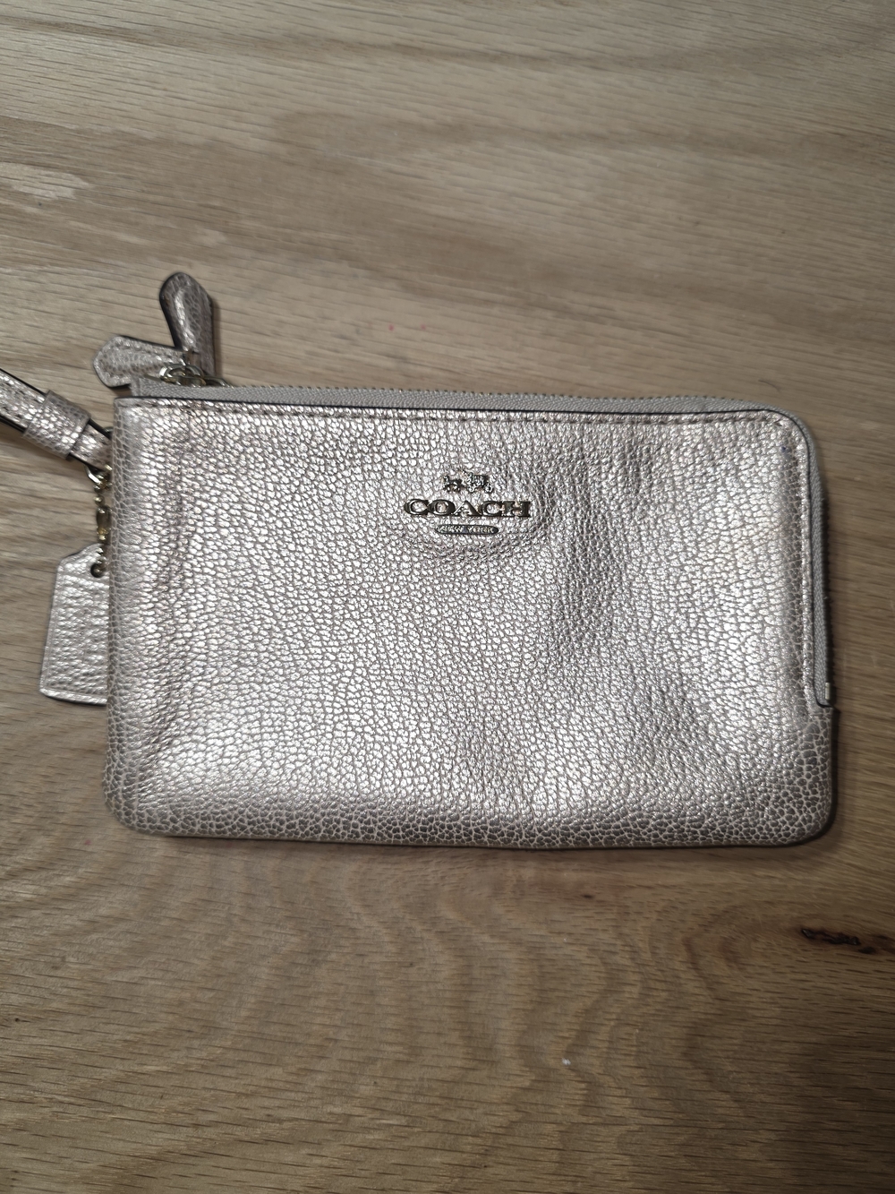 Coach Metallic Double Zip Silver Pebbled Leather Wristlet